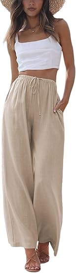 Women's cotton and linen summer wide-leg pants, flowy wide-leg beach pants with pockets
